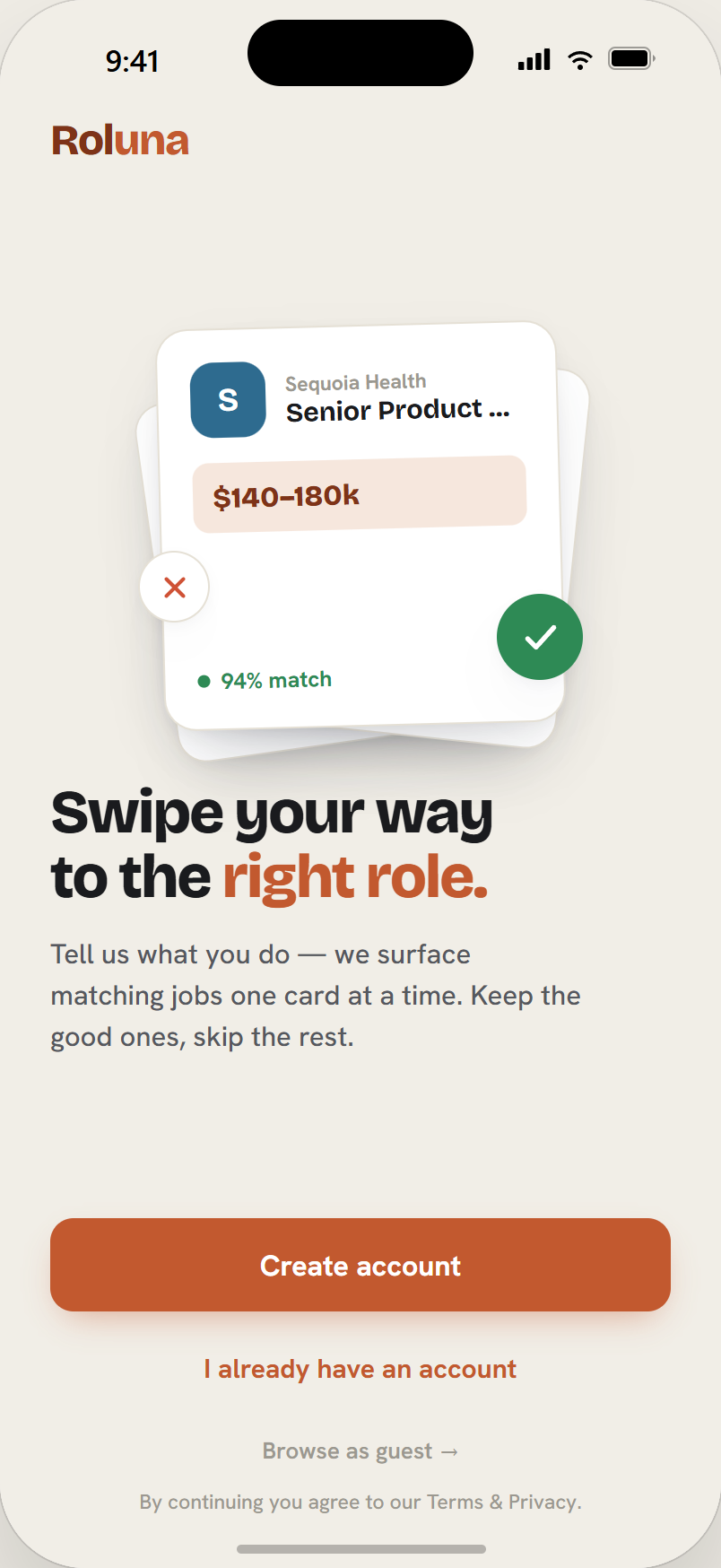 Roluna — Welcome screen